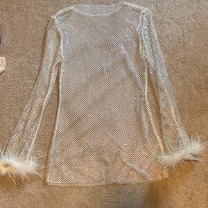 White Fox Boutique Silver Mesh Dress with Feather Cuffs